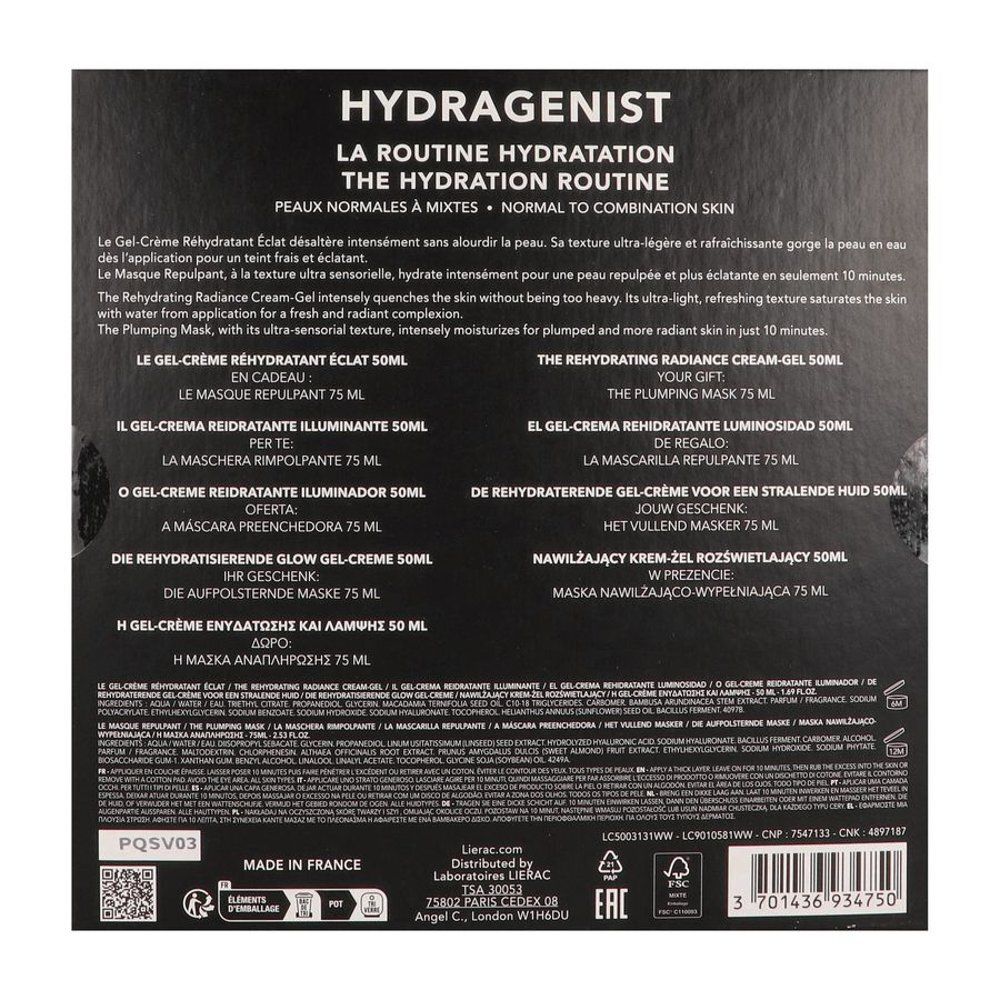 Achterkant van de geschenkverpakking. Tekst: Hydragenist, The Hydration Routine. Productbeschrijvingen in meerdere talen.