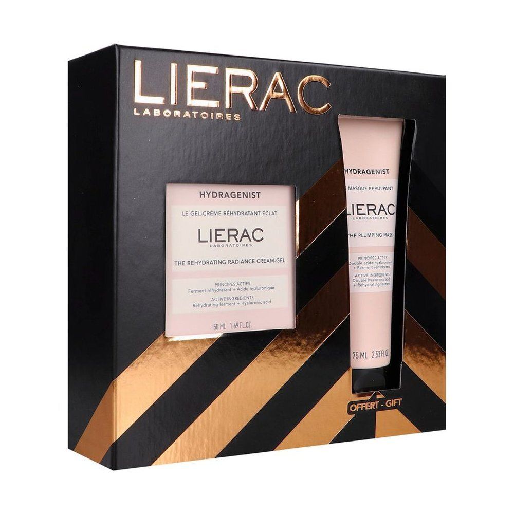 Zwarte geschenkverpakking met Lierac. Bevat gelcrème en masker. Tekst: Hydragenist, The Rehydrating Radiance Cream-Gel. Offert-Gift.