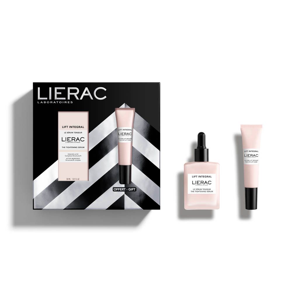 Geschenkverpakking met serum, oogverzorging en serum. Merk: Lierac. Zwarte verpakking met zilveren accenten.