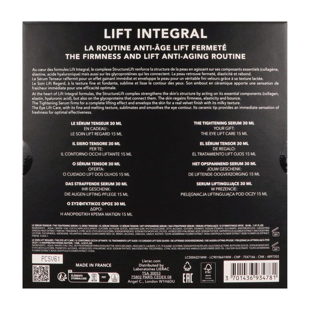 Achterkant van de geschenkverpakking. Meertalige tekst. Merk: Lierac. Bevat productinformatie.