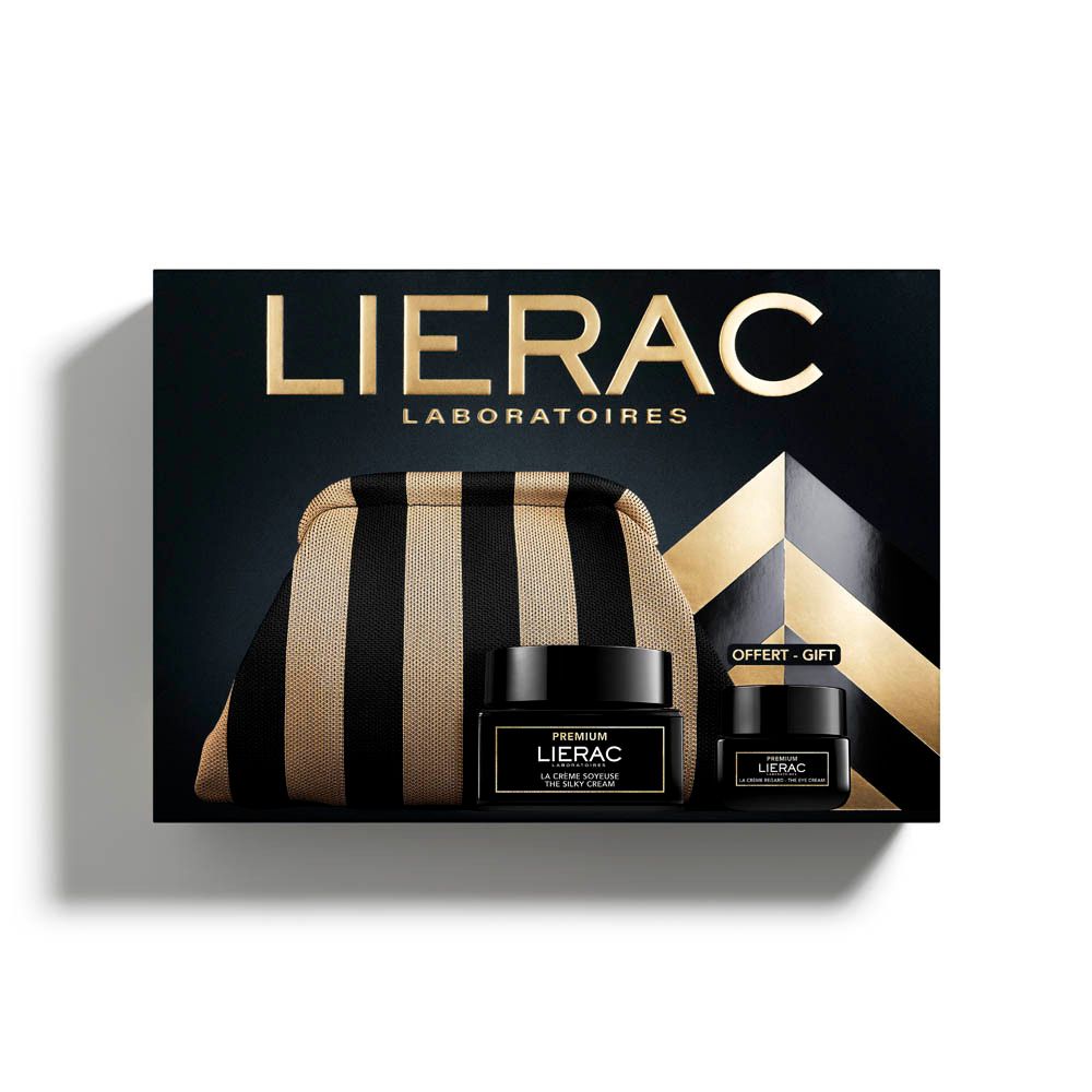 Cadeauset met Lierac-logo. Bevat een toilettas, twee potjes en een doos. Opschrift: PREMIUM. Offert-Gift.