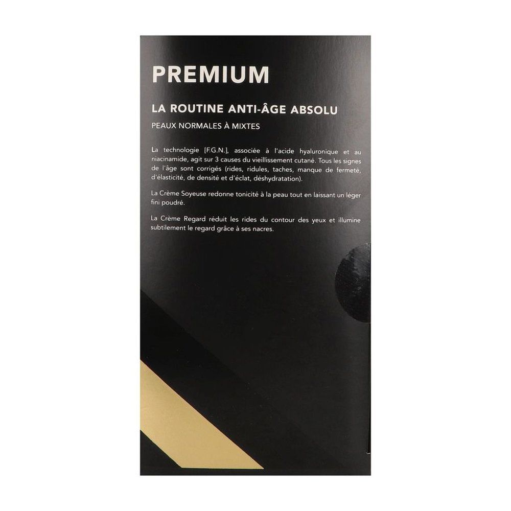 Achterkant van de zwarte doos. Tekst: PREMIUM, LA ROUTINE ANTI-ÂGE ABSOLU. Productinformatie.