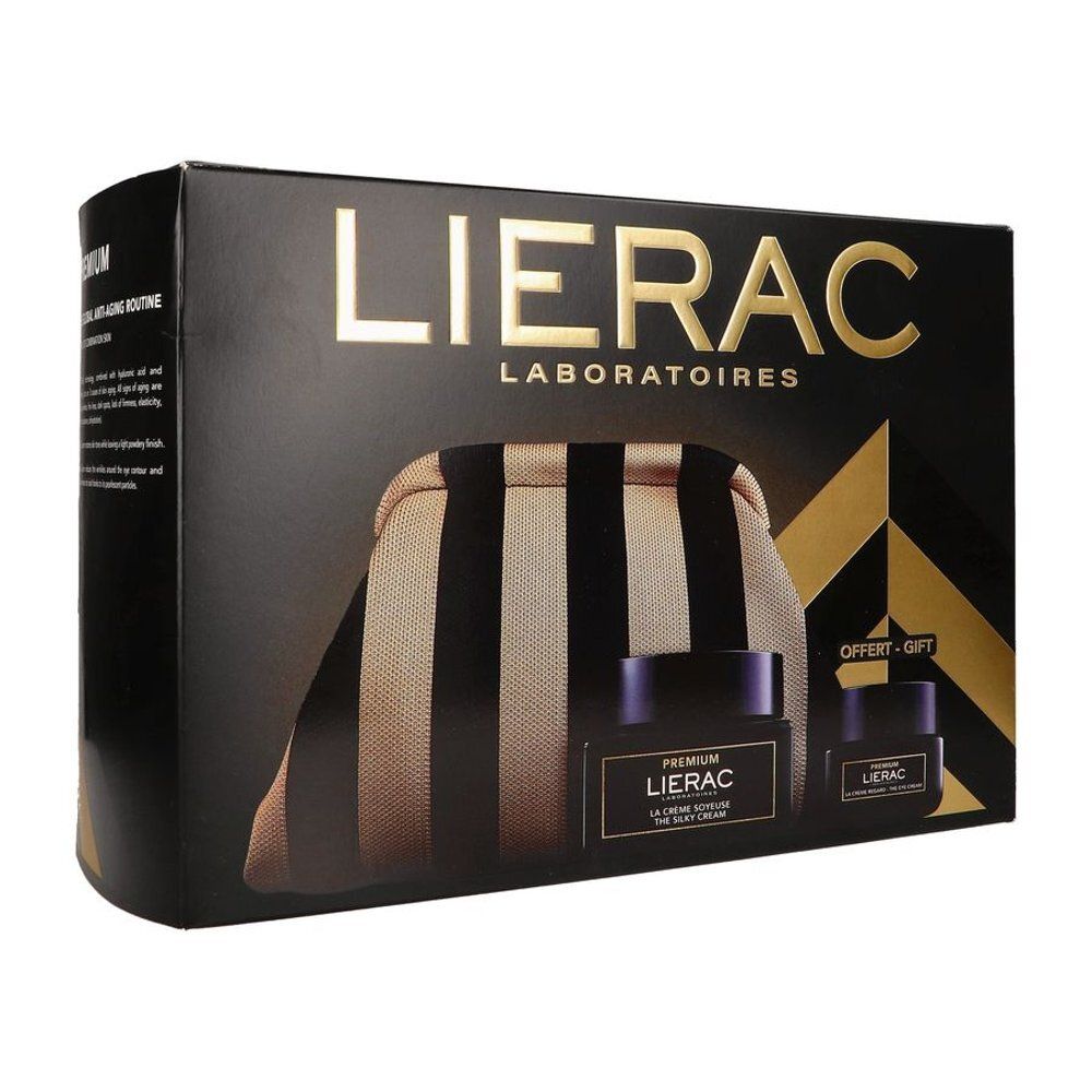 Zwarte geschenkverpakking met Lierac-logo. Bevat een toilettas en twee potjes. Opschrift: PREMIUM, LA CREME SOYEUSE. Offert-Gift.