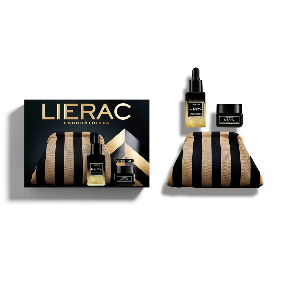 Cadeauset met toilettas, serum en crème. Lierac logo. Zwarte achtergrond. Offert-Gift label.