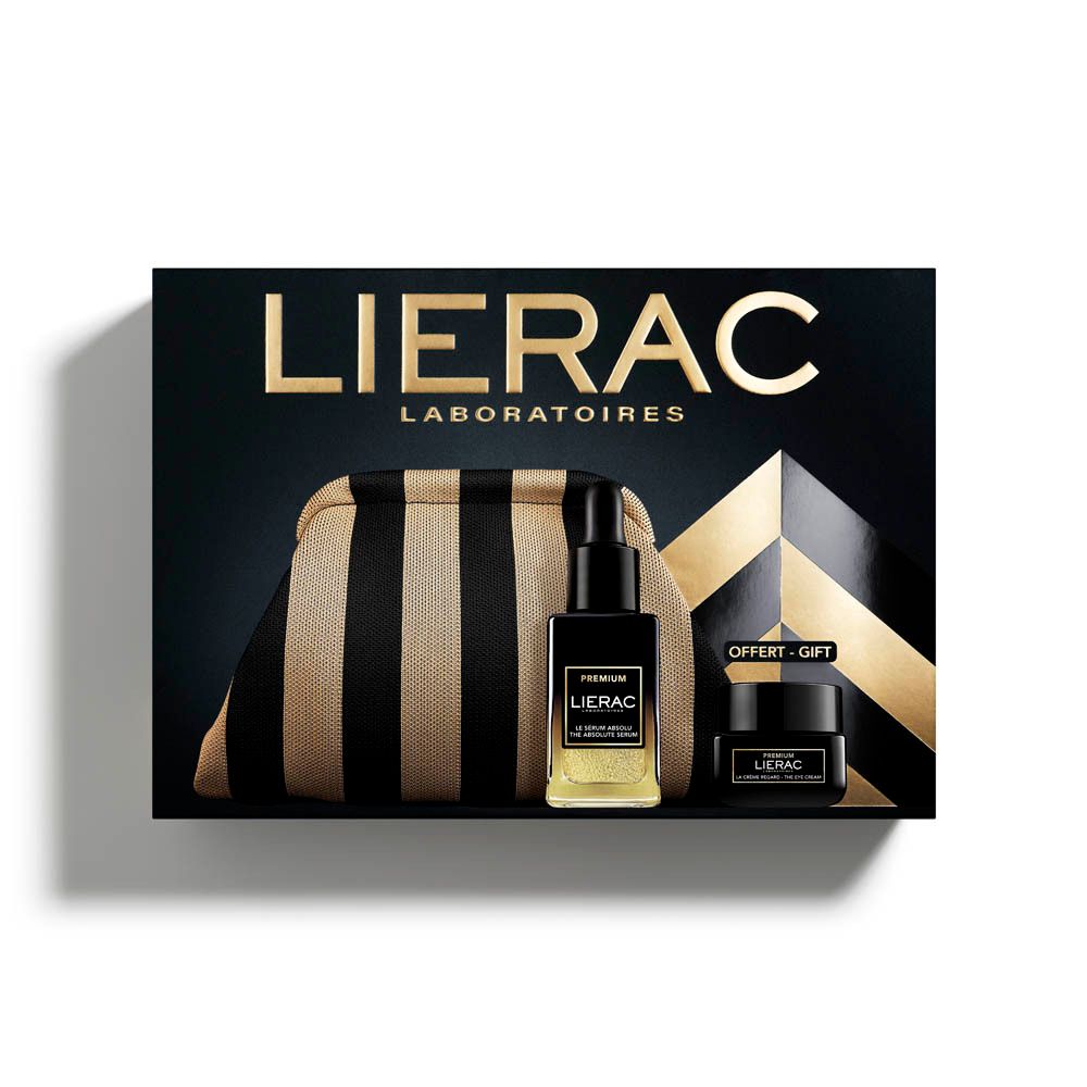 Coffret cadeau avec trousse, sérum et crème. Logo Lierac. Fond noir. Étiquette Offert-Gift.