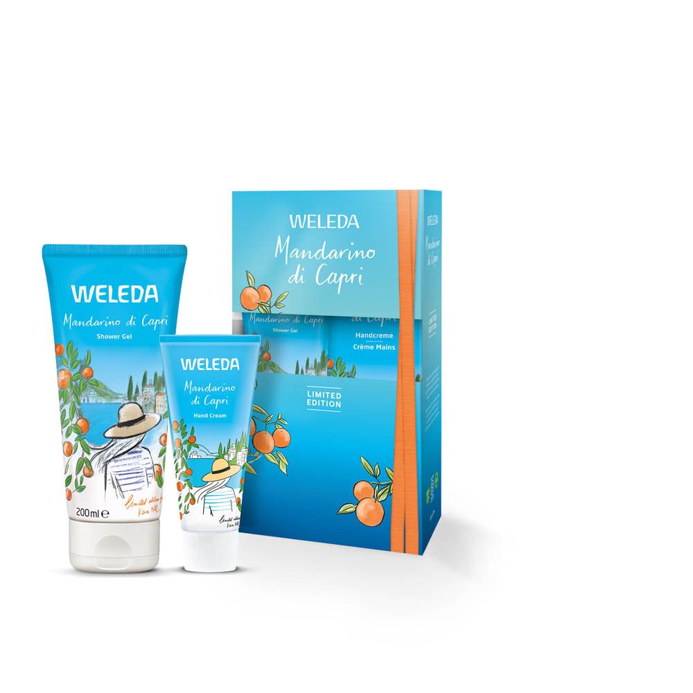 Geschenkset met doos, douchegel en handcrème. Opschrift: WELEDA Mandarino di Capri. Illustraties van mandarijnen en een vrouw.