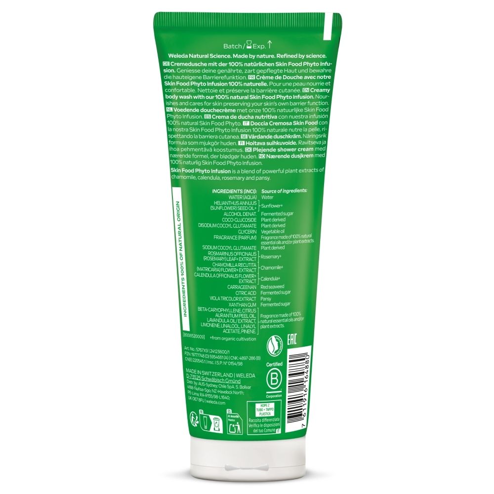 Achterkant van een groene tube met ingrediënten en certificeringen.