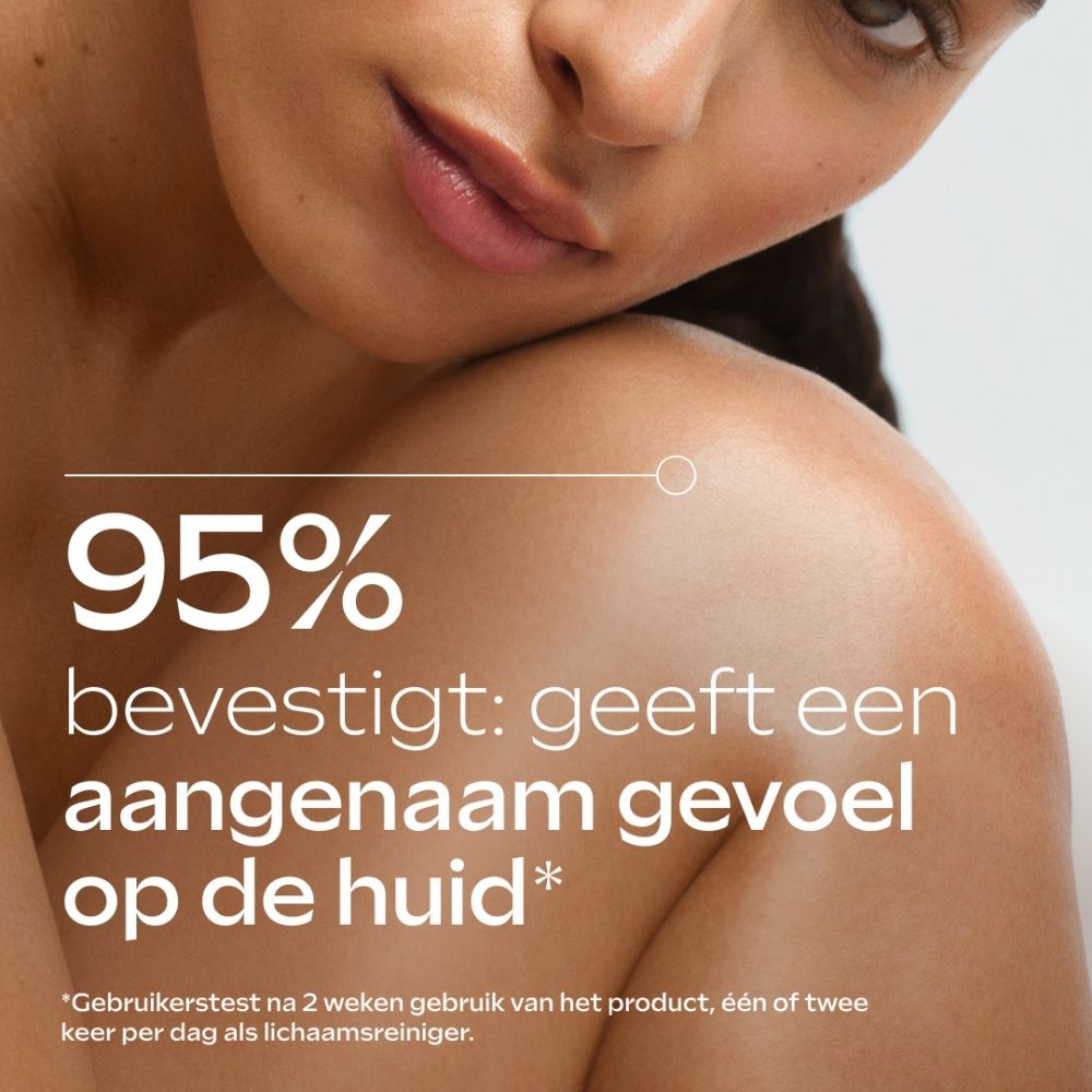 Close-up van een schouder met tekst "95% bevestigt: geeft een aangenaam gevoel op de huid".