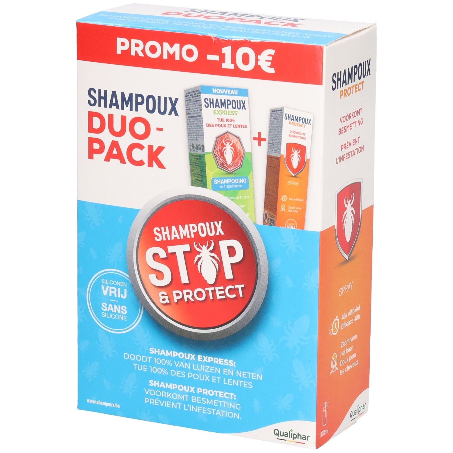 Emballage Shampoux Duo-Pack. Contient shampooing et spray. Texte: Stop & Protect, Promo -10€, sans gluten, sans silicone.