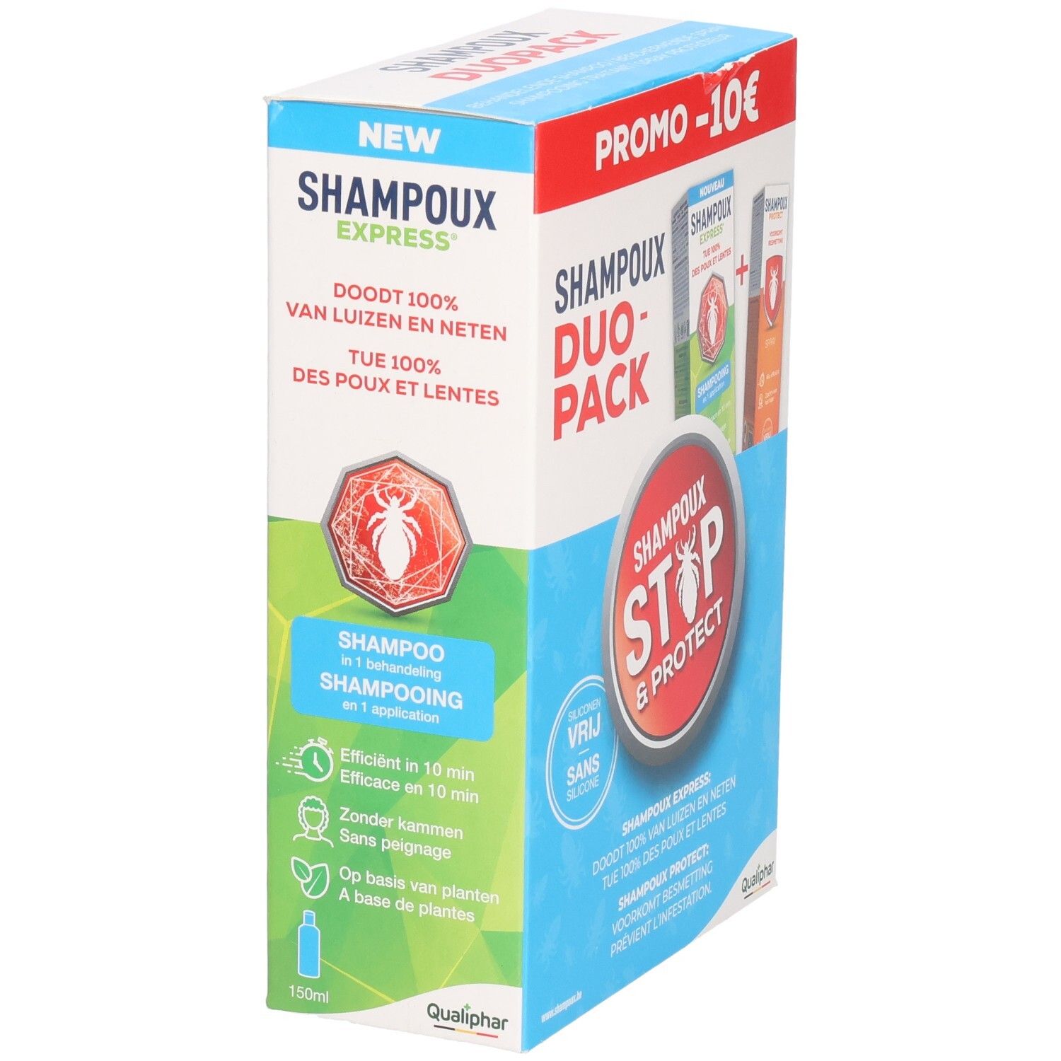 Emballage Shampoux Express Duo-Pack. Texte: Shampooing, tue 100% poux et lentes, efficace en 10 min, sans peignage.