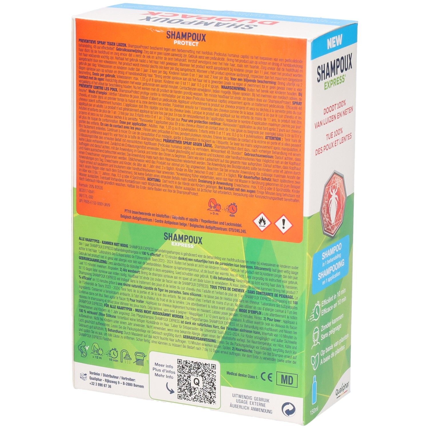 Dos de l'emballage Shampoux Duo-Pack. Contient texte et symboles. Code QR et marquage CE.