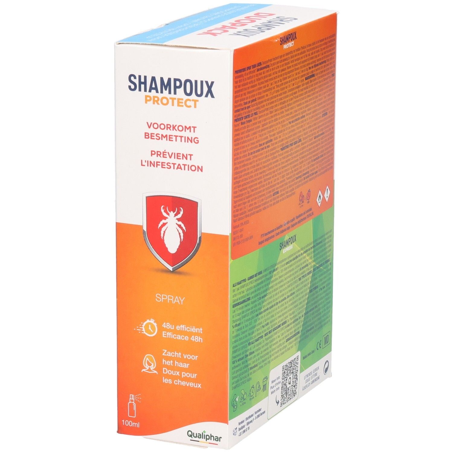 Emballage Shampoux Protect Spray. Texte: Prévention de l'infestation, efficace 48h, doux pour les cheveux, 100ml.