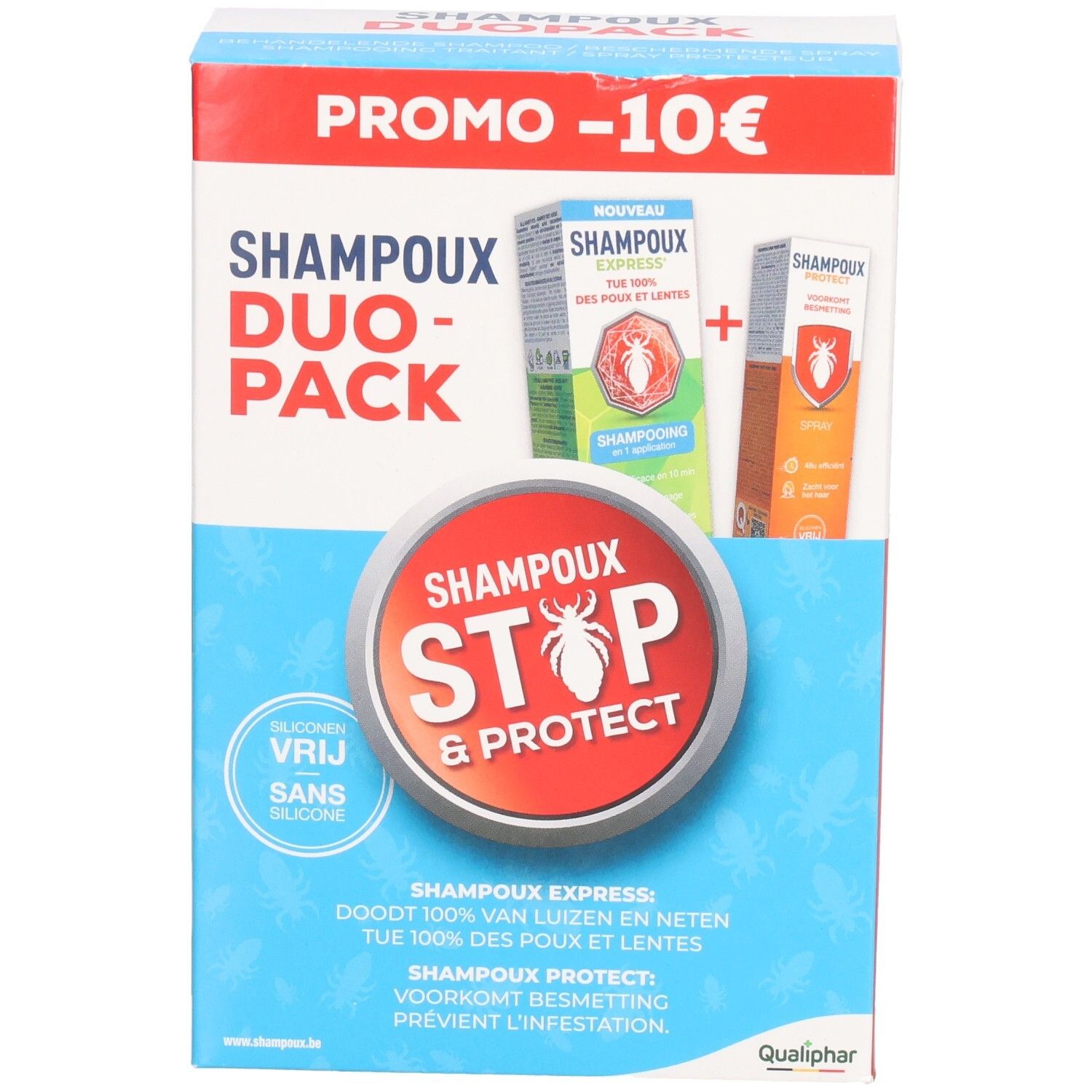 Emballage Shampoux Duo-Pack. Contient shampooing et spray. Texte: Stop & Protect, Promo -10€, sans gluten, sans silicone.