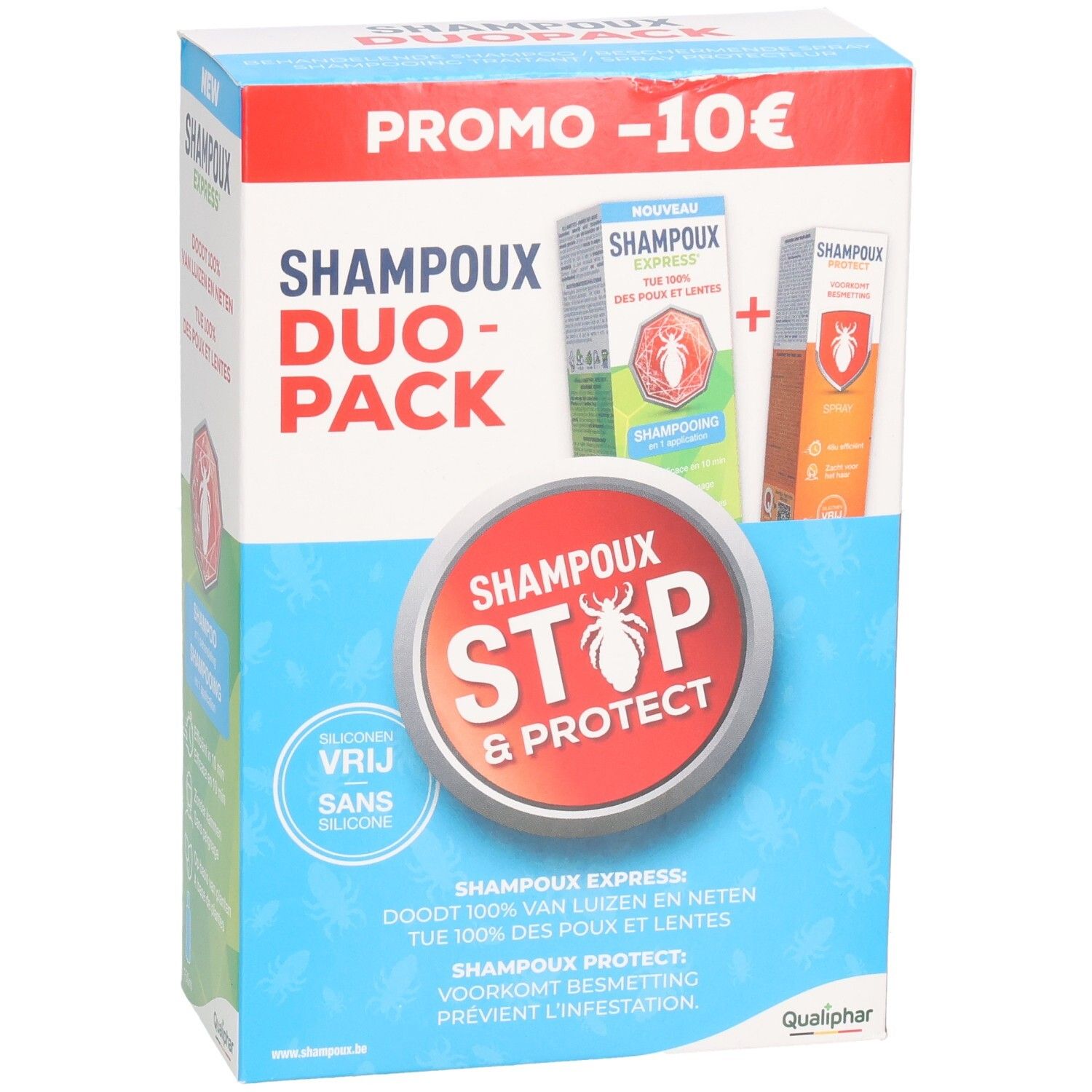 Emballage Shampoux Duo-Pack. Contient shampooing et spray. Texte: Stop & Protect, Promo -10€, sans gluten, sans silicone.