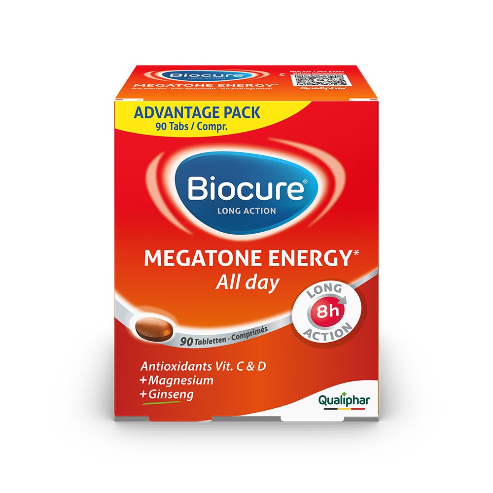 Rode doos Biocure Megatone Energy. 90 tabletten. Antioxidanten, Vitamine C & D, Magnesium en Ginseng. 8u werking.