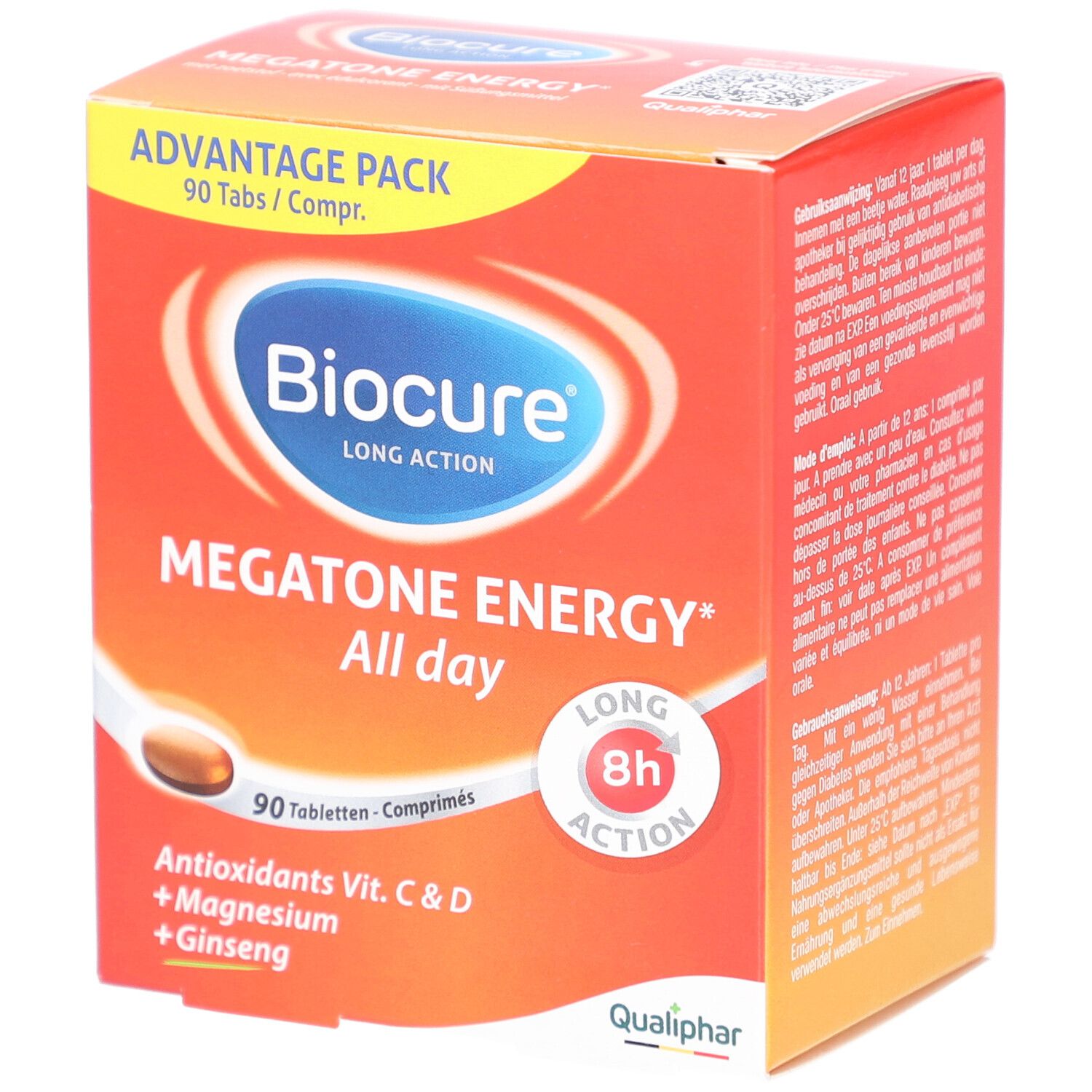 Rode verpakking met Biocure-logo en productnaam. Bevat 90 tabletten. Bevat antioxidanten, magnesium en ginseng. Qualiphar-logo.