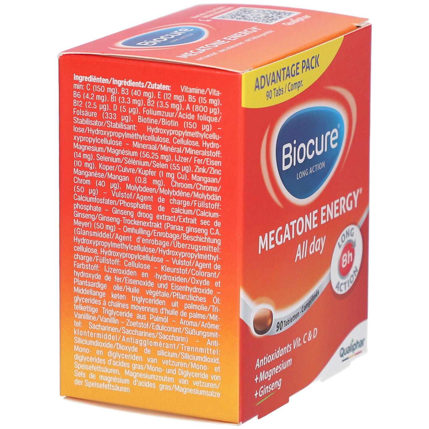 Rode verpakking met ingrediëntenlijst. Bevat vitaminen, mineralen en sporenelementen. Tekst in het Duits, Frans en Nederlands.