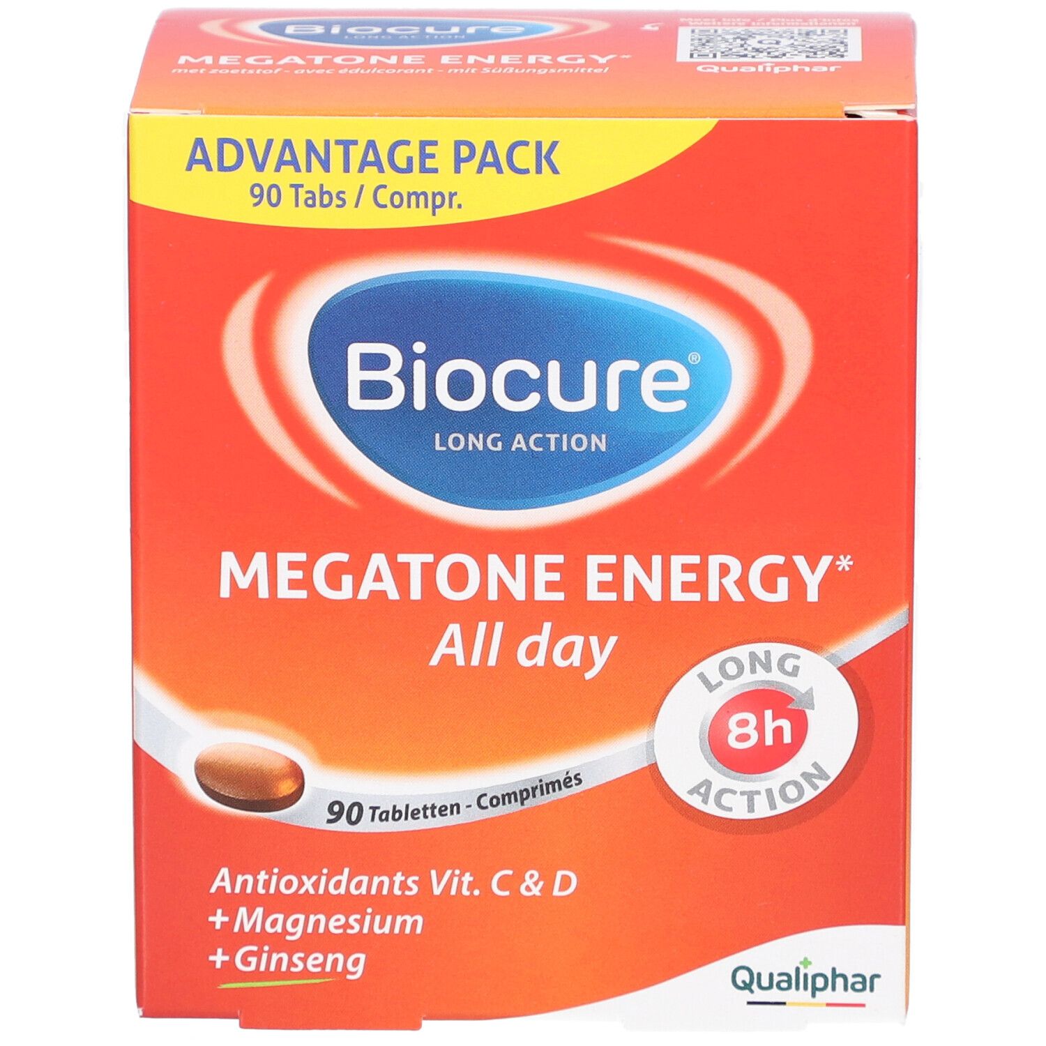 Rode verpakking met Biocure-logo en productnaam. Bevat 90 tabletten. Bevat antioxidanten, magnesium en ginseng. Qualiphar-logo.