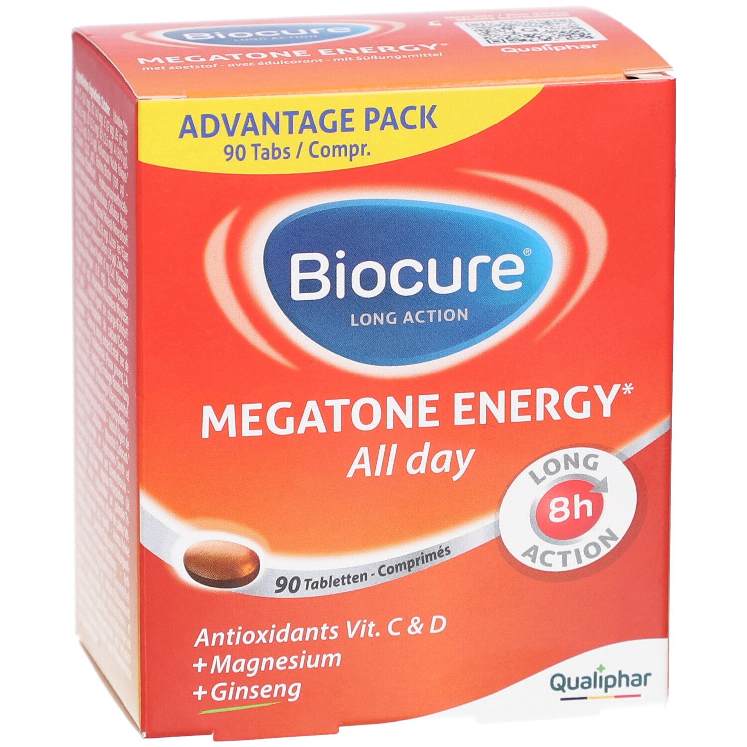 Rode verpakking met Biocure-logo en productnaam. Bevat 90 tabletten. Bevat antioxidanten, magnesium en ginseng. Qualiphar-logo.