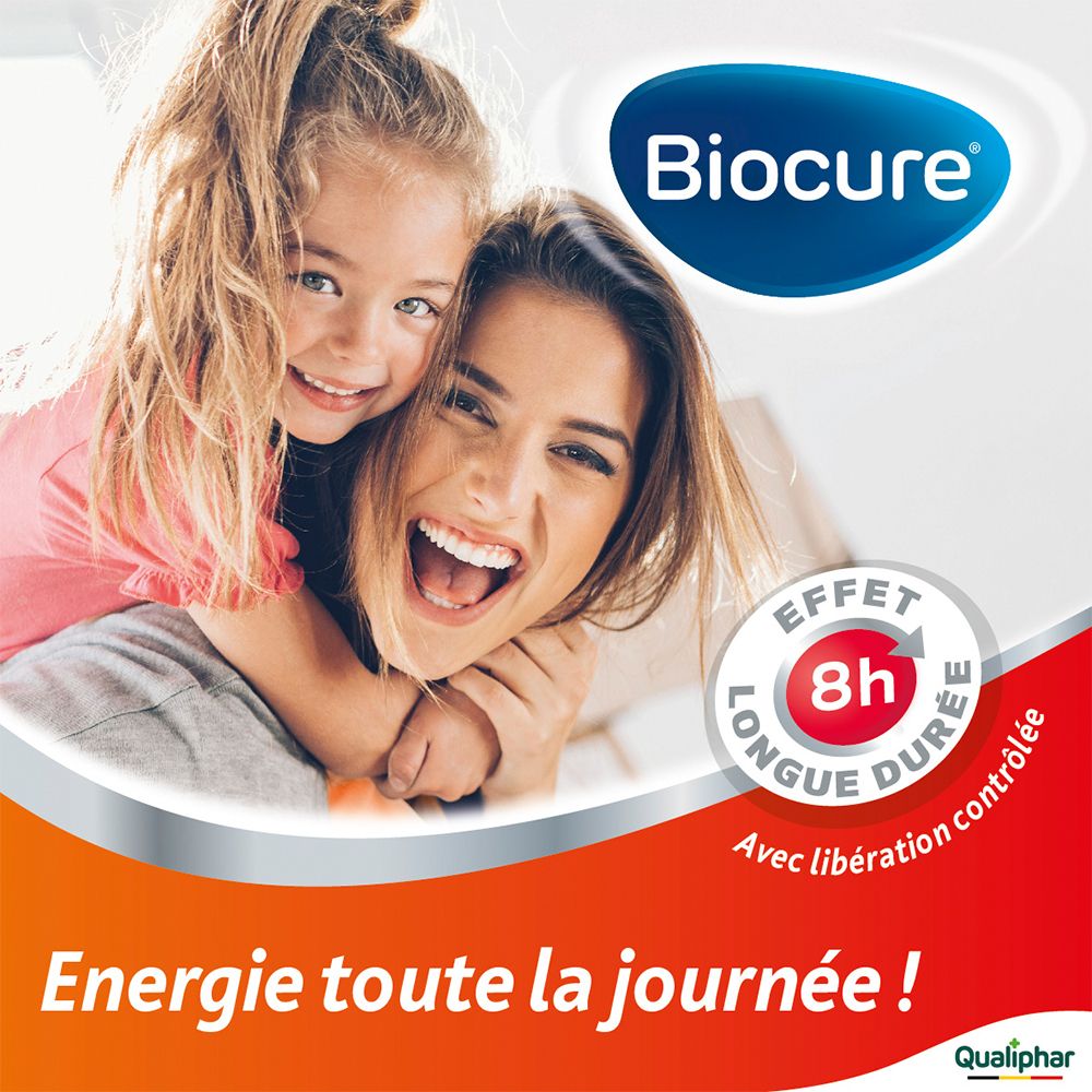 Femme et enfant souriantes. Logo Biocure. Texte: Energie toute la journée! Effet longue durée 8h.