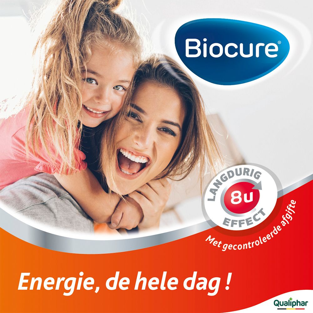 Lachende vrouw en kind. Biocure-logo. Tekst: Energie, de hele dag! 8u Effect met gecontroleerde afgifte.