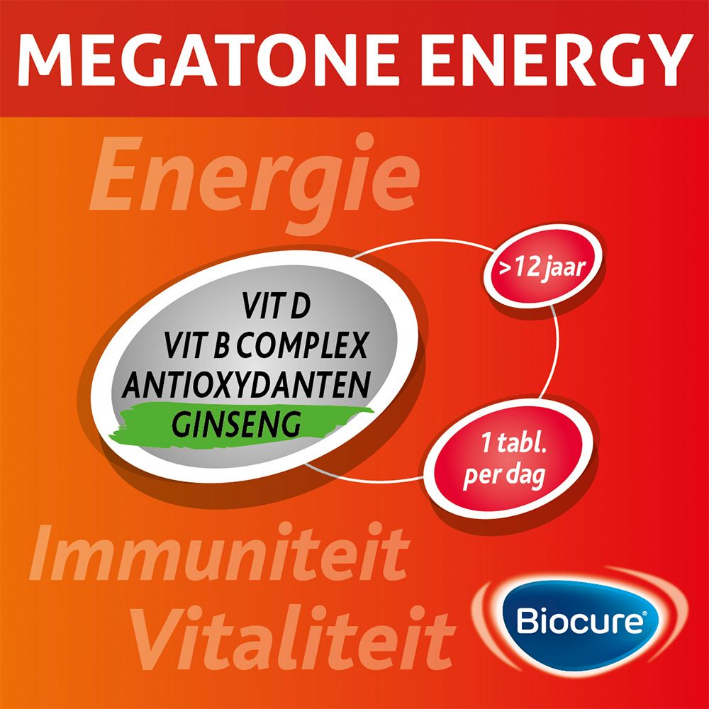 Grafiek met tekst: Energie, Immuniteit, Vitaliteit. Vit D, Vit B, Antioxidanten, Ginseng. 1 tabl. per dag. >12 jaar.