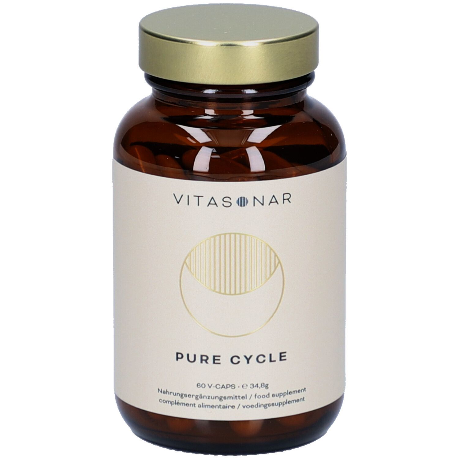 Bruine glazen fles met gouden dop. Etiket met productnaam en logo. Capsules zichtbaar.