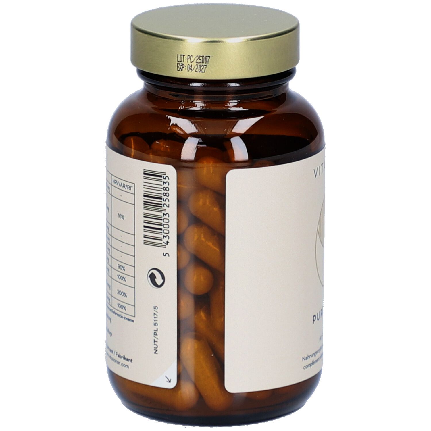Bruine glazen fles met gouden dop. Achterkant met etiket en barcode. Capsules zichtbaar.