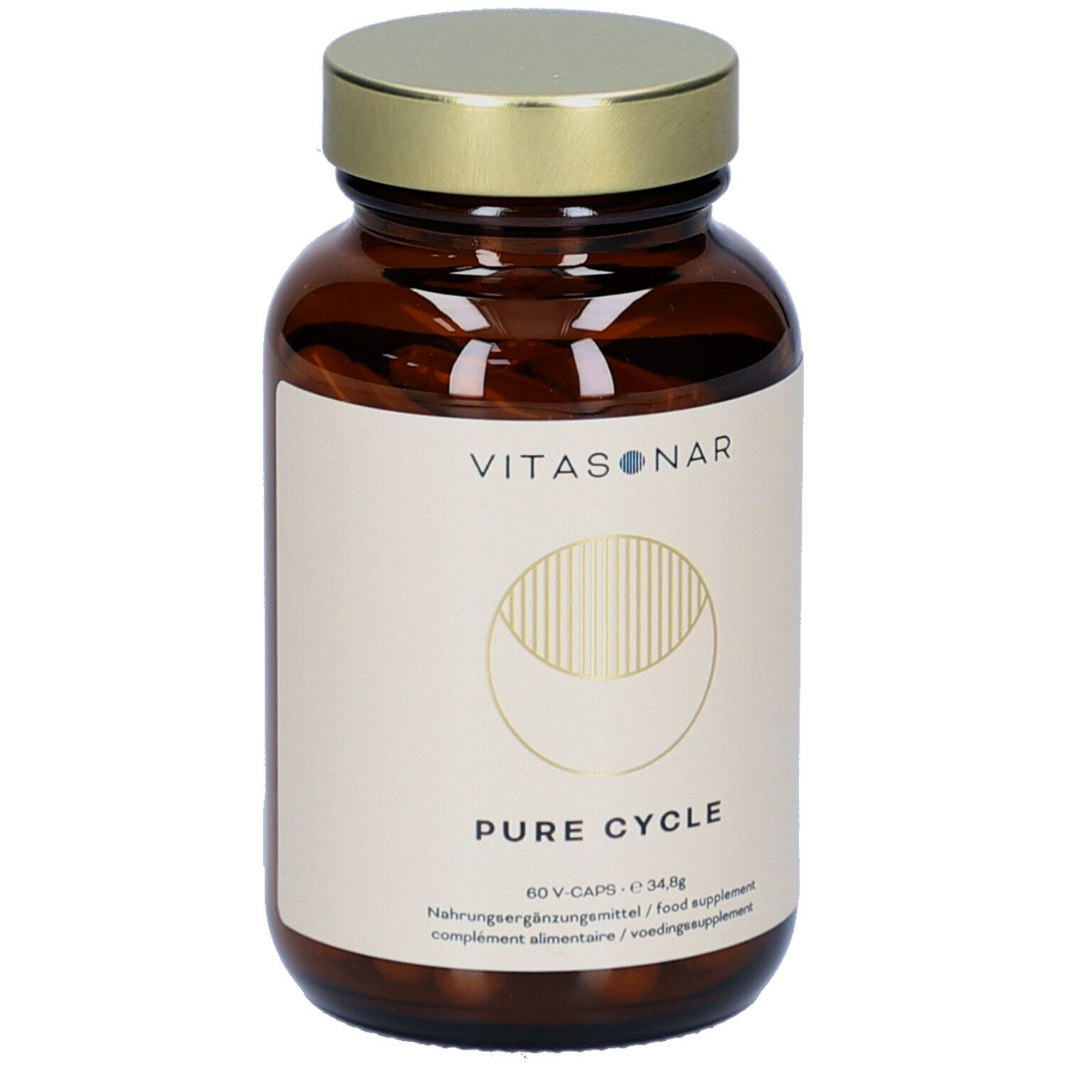 Bruine glazen fles met gouden dop. Etiket met productnaam en logo. Capsules zichtbaar.