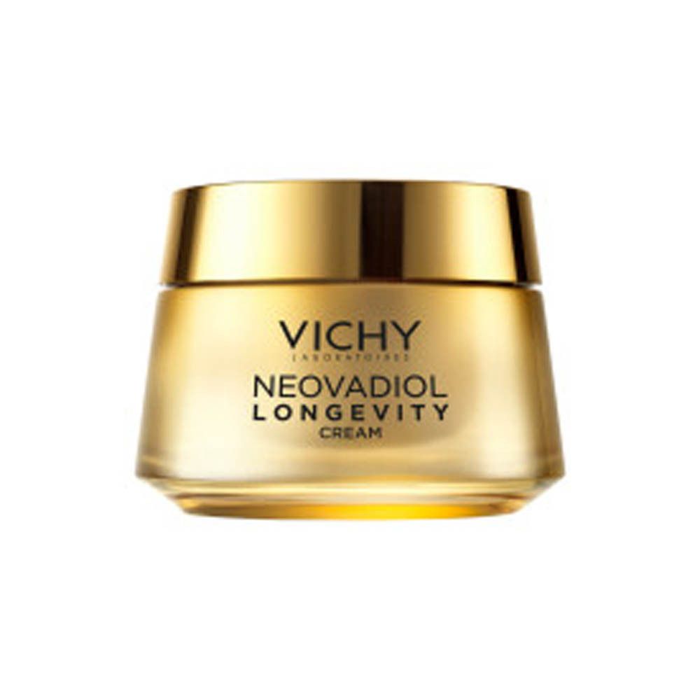 Gouden crèmepot. Opschrift: Vichy, Neovadiol Longevity Cream. Crèmepot met glas-look.