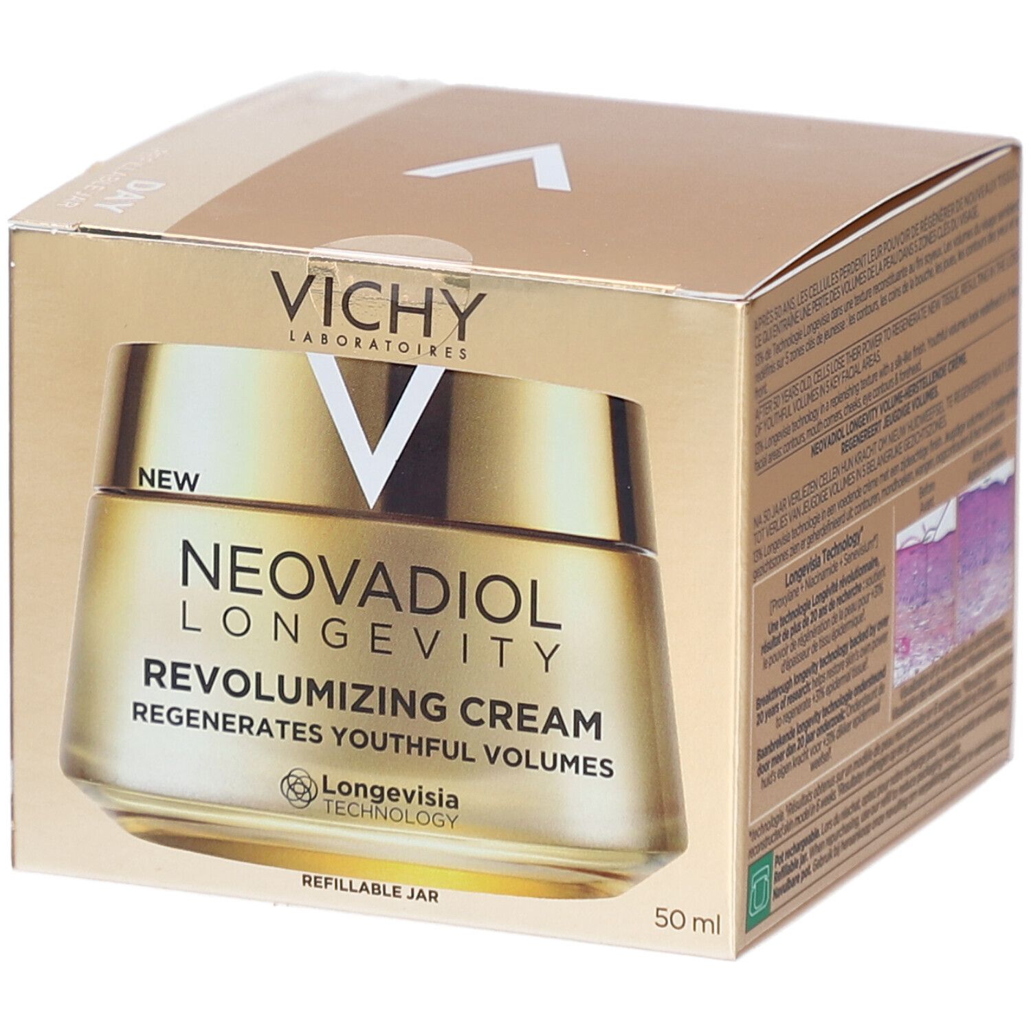 Boîte dorée avec pot. Inscriptions : Vichy, Neovadiol Longevity, Revolumizing Cream.  50 ml, New.