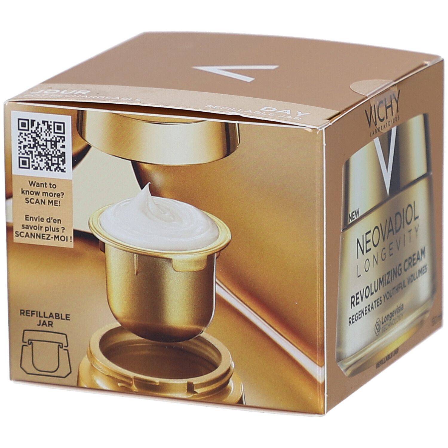 Boîte dorée avec pot et capsule. Inscriptions : Vichy, Neovadiol Longevity, Revolumizing Cream.  Pot rechargeable.