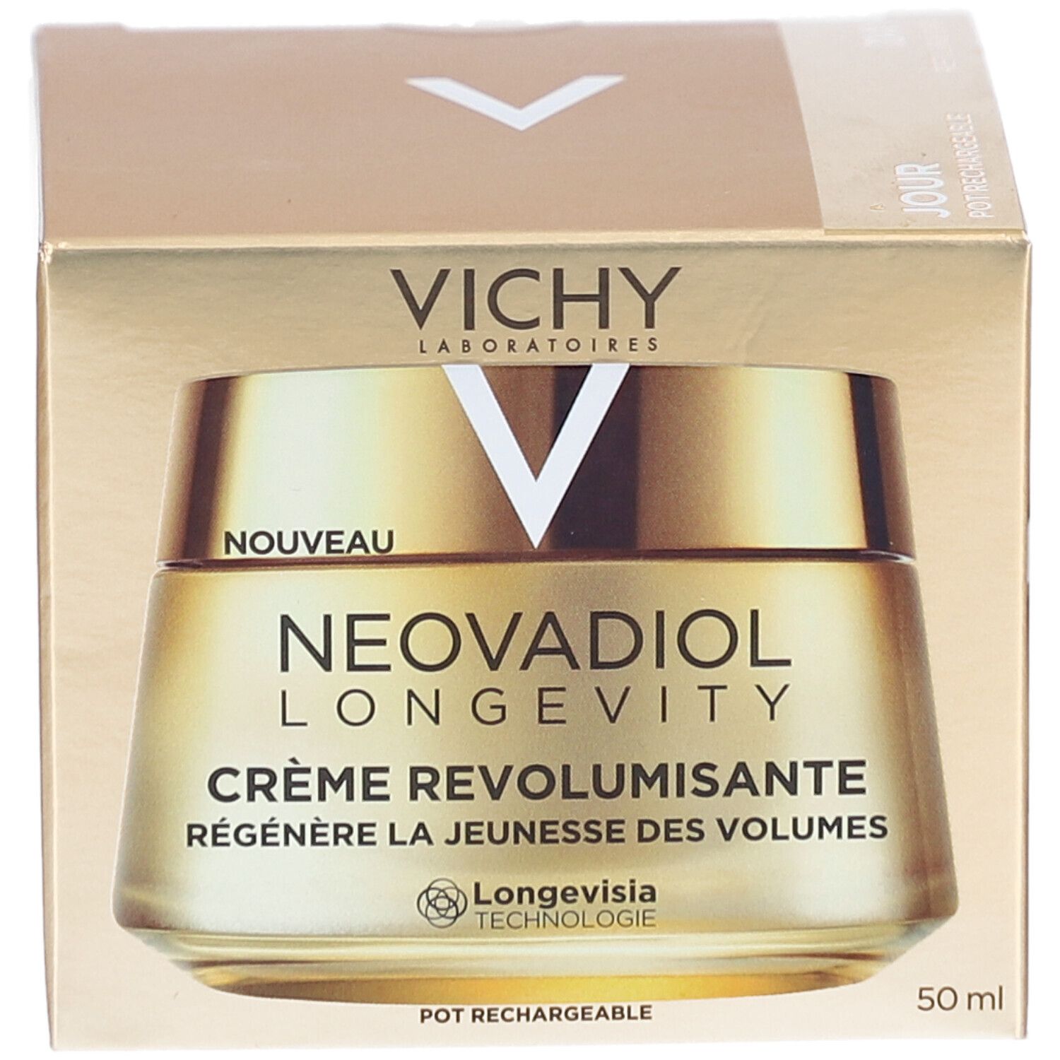 Boîte dorée avec pot. Inscriptions : Vichy, Neovadiol Longevity, Crème Revolumisante.  50 ml.