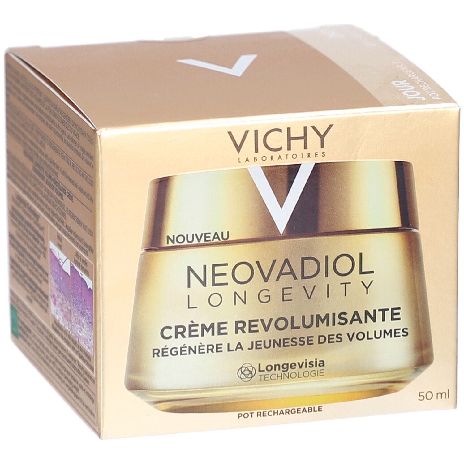 Boîte dorée avec pot. Inscriptions : Vichy, Neovadiol Longevity, Crème Revolumisante.  50 ml.
