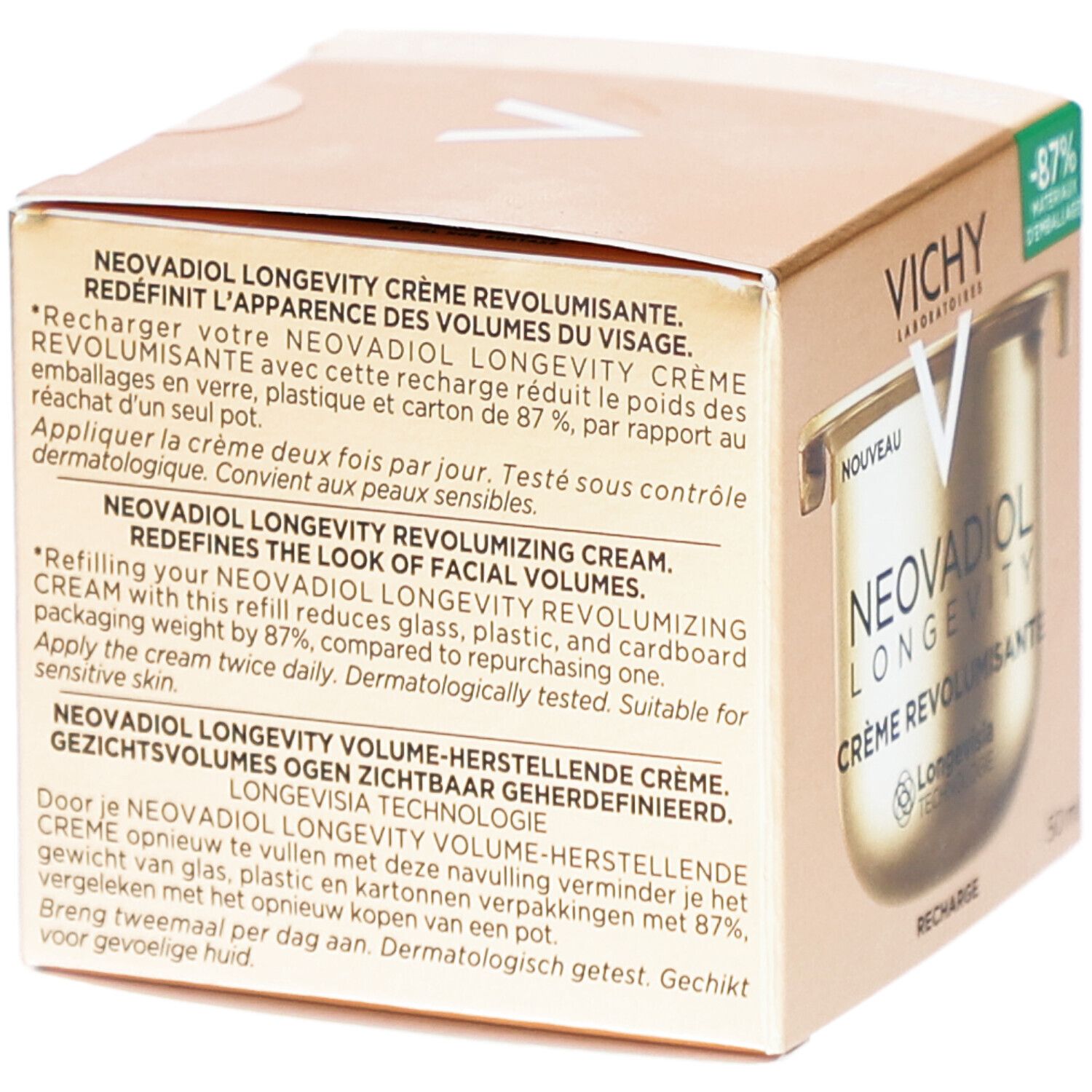 Texte sur l'emballage en allemand, français et néerlandais. Décrit la crème et la réduction des matériaux d'emballage.