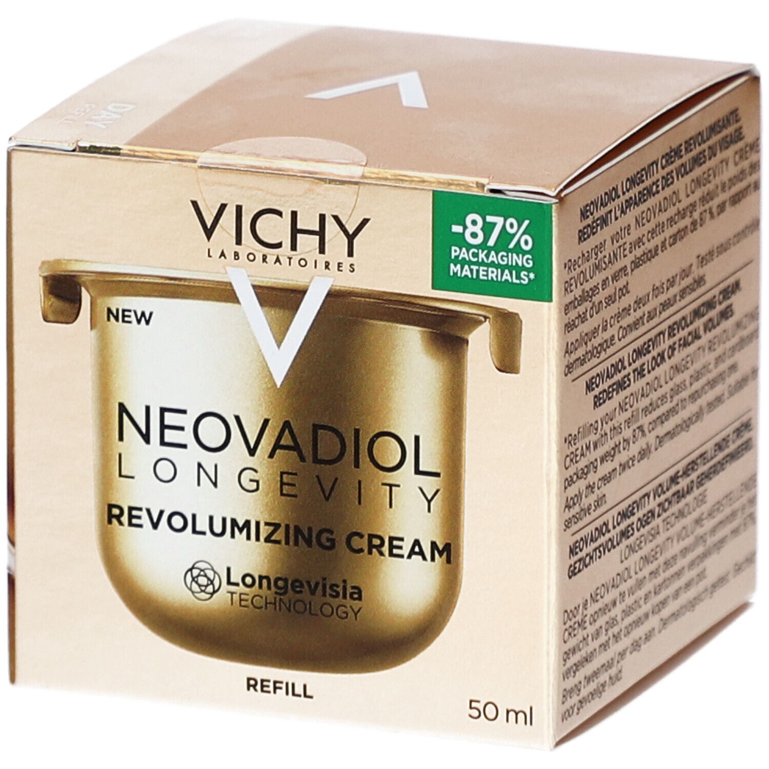 Boîte dorée avec visuel produit. Inscriptions: Vichy, Neovadiol Longevity Revolumizing Cream, Refill. 50 ml.