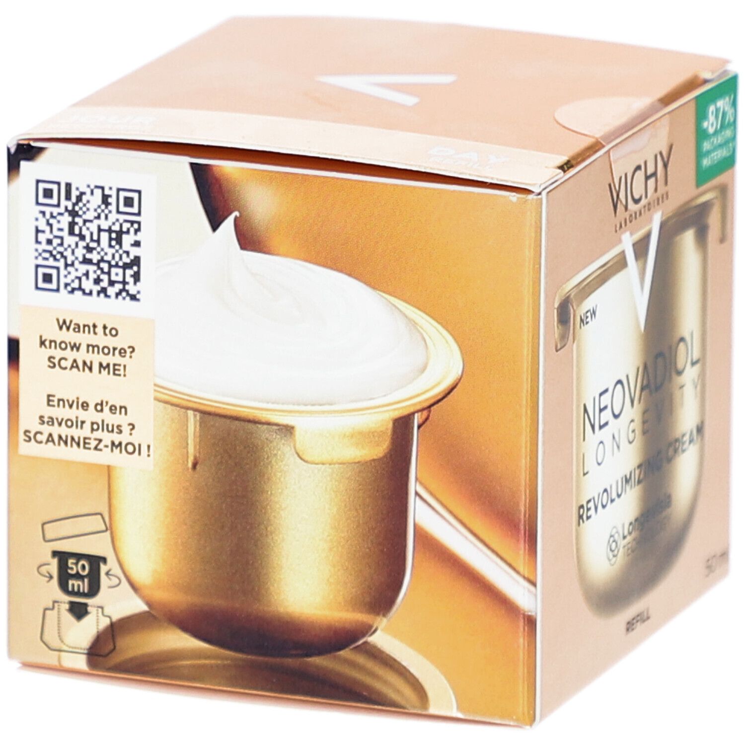 Boîte dorée avec visuel produit et crème. Code QR et texte: Scan me! Envie d'en savoir plus? Scannez-moi!