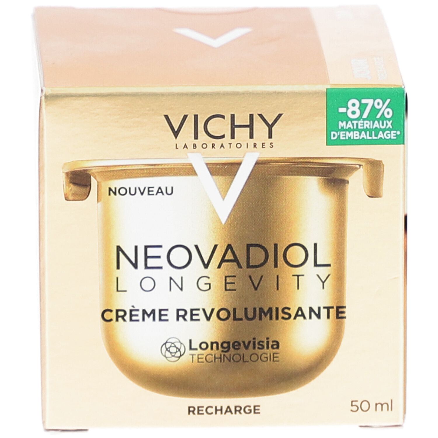 Boîte dorée avec visuel produit. Inscriptions: Vichy, Neovadiol Longevity Crème Revolumisante, Recharge. 50 ml.
