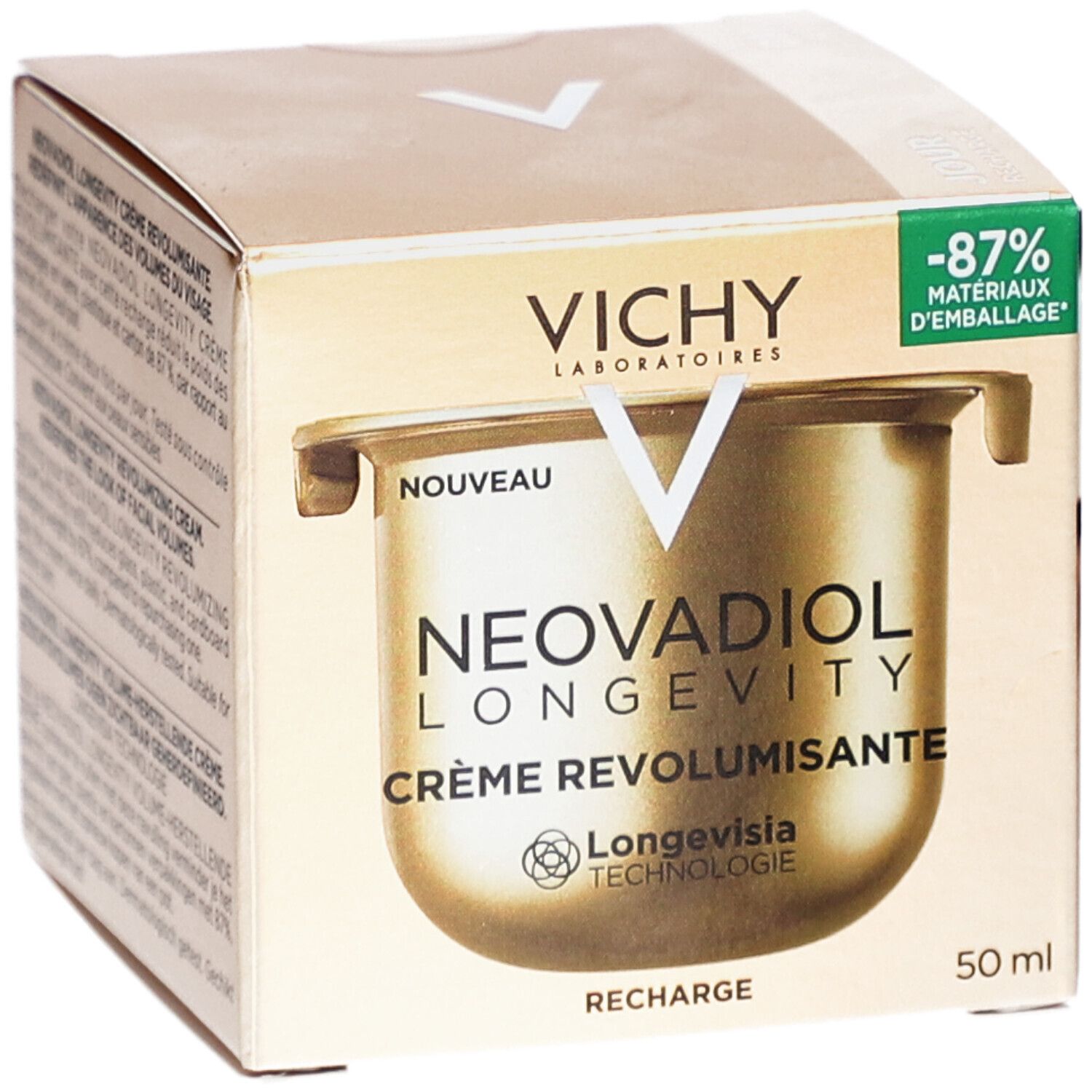 Boîte dorée avec visuel produit. Inscriptions: Vichy, Neovadiol Longevity Crème Revolumisante, Recharge. 50 ml.