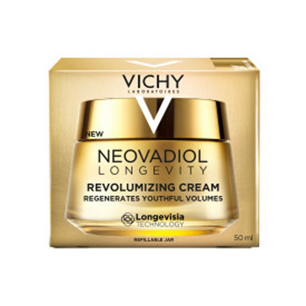 Boîte dorée avec image du produit. Inscription: Vichy, Neovadiol Longevity Revolumizing Cream, 50 ml.