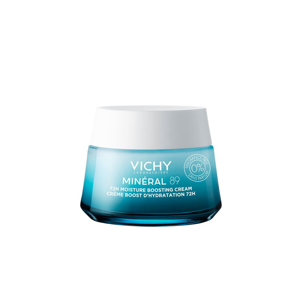 Pot de crème Vichy Minéral 89 bleu et blanc. Inscription : Minéral 89, 72H Moisture Boosting Cream.