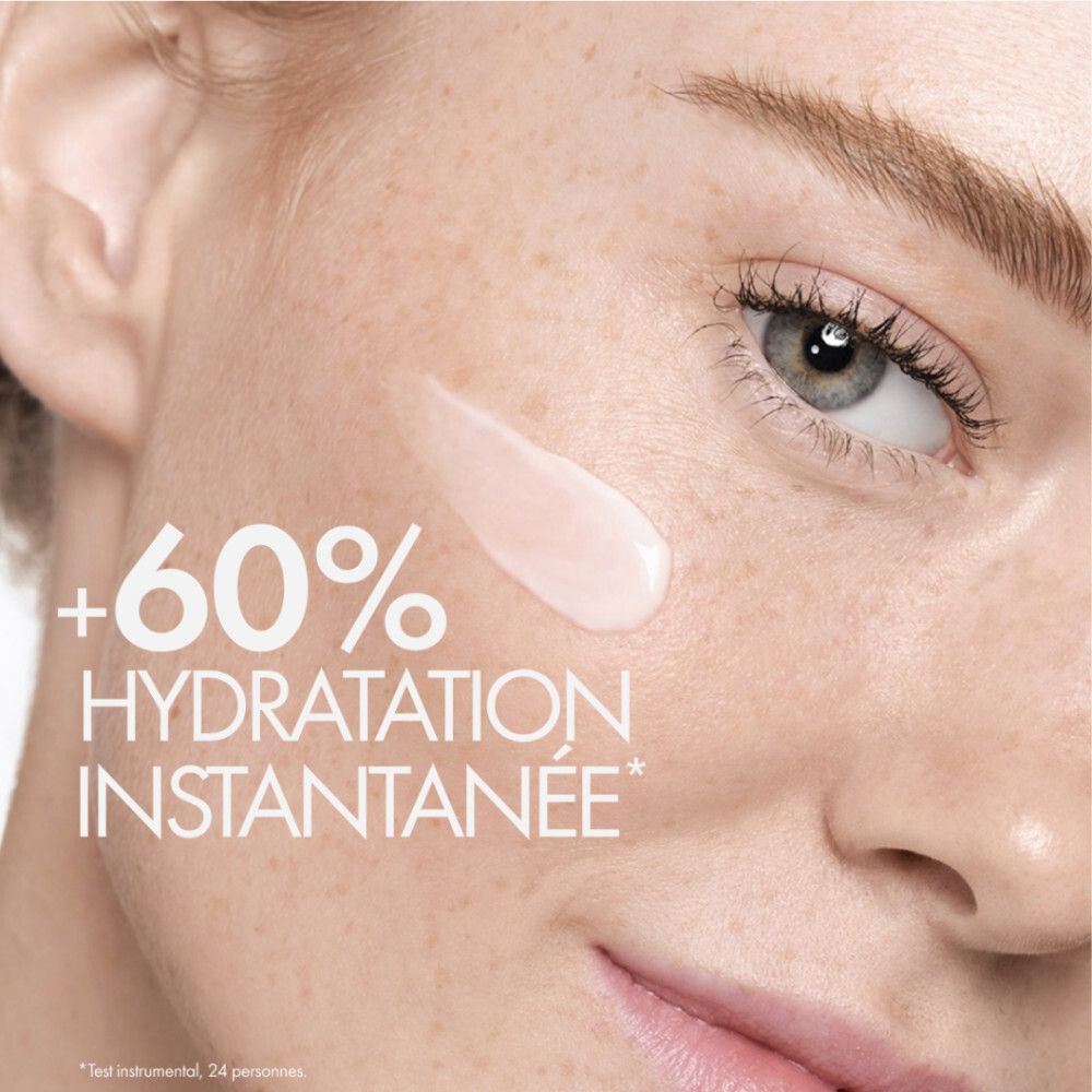 Pot de crème Vichy Minéral 89. Pot bleu avec couvercle blanc. Inscription : Minéral 89, 72H Moisture Boosting Cream.