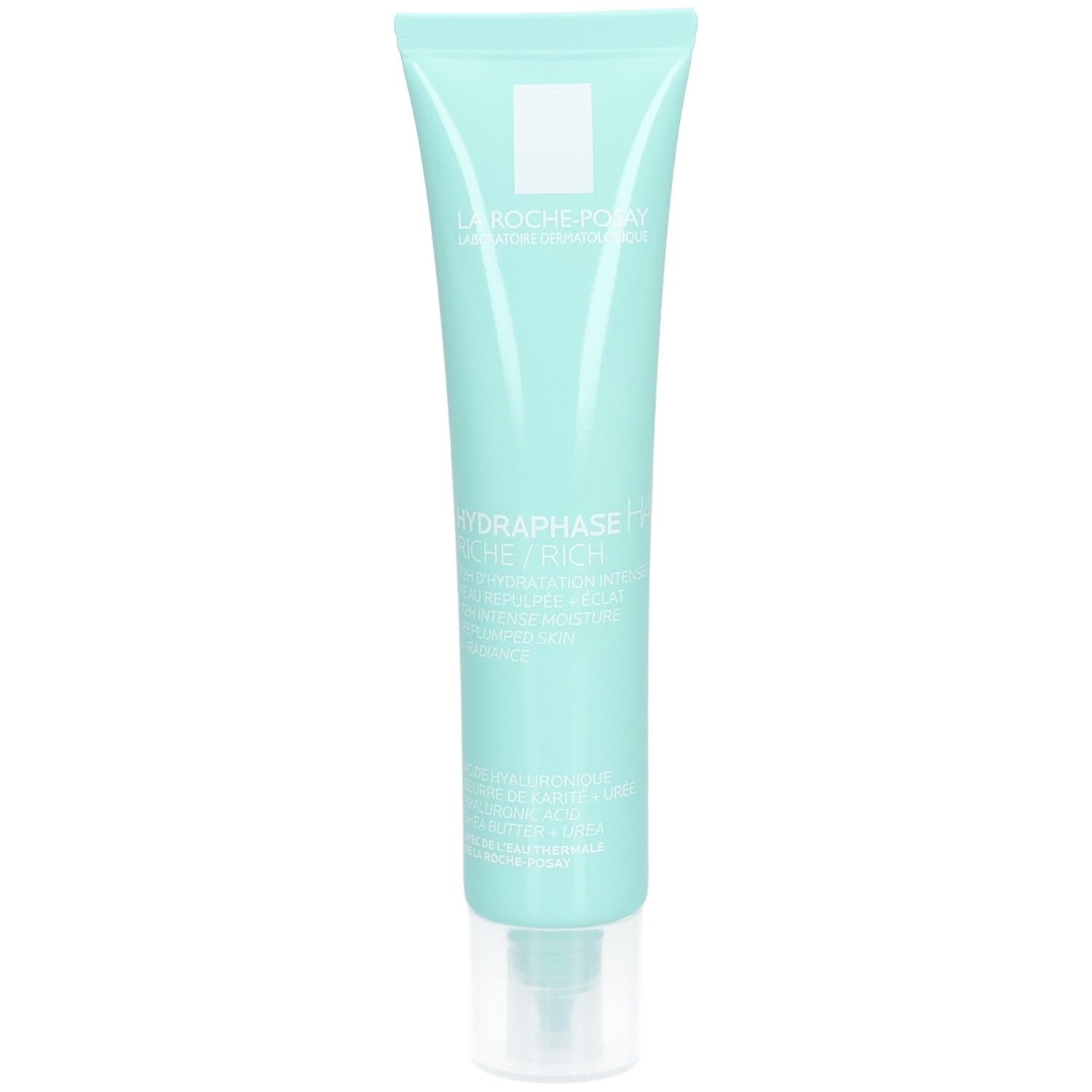 Lichtblauwe tube met witte dop. Logo linksboven. Tekst: HYDRAPHASE HA RICHE. Transparante dop onderaan.