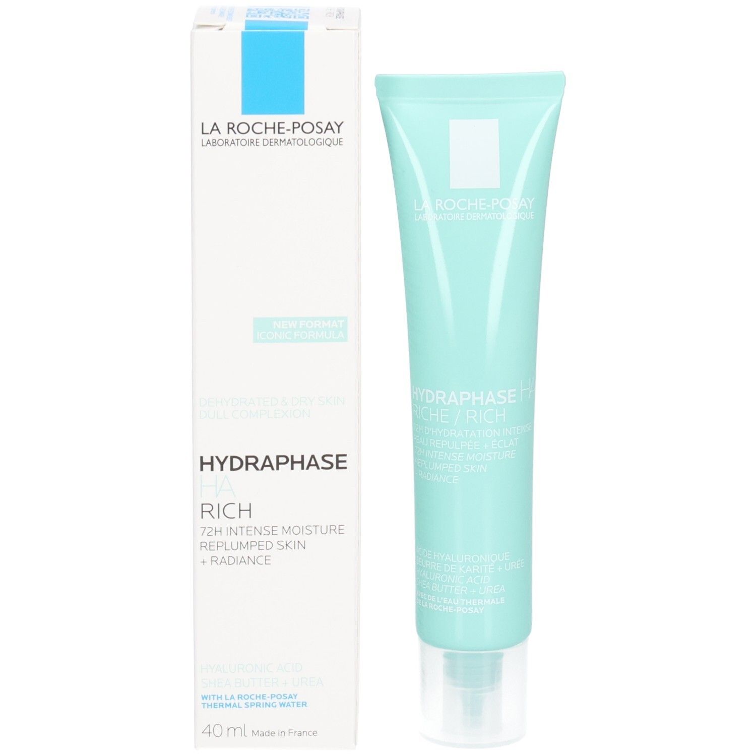 Product en verpakking. Lichtblauwe tube en witte doos. Tekst: HYDRAPHASE RICHE. Logo. 40ml.