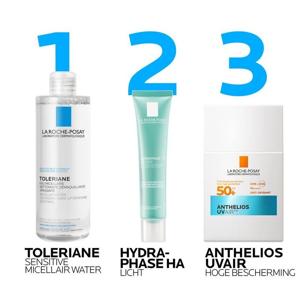 La Roche-Posay logo. Tekst: Dermatologisch getest, gevoelige huid, zonder alcohol.