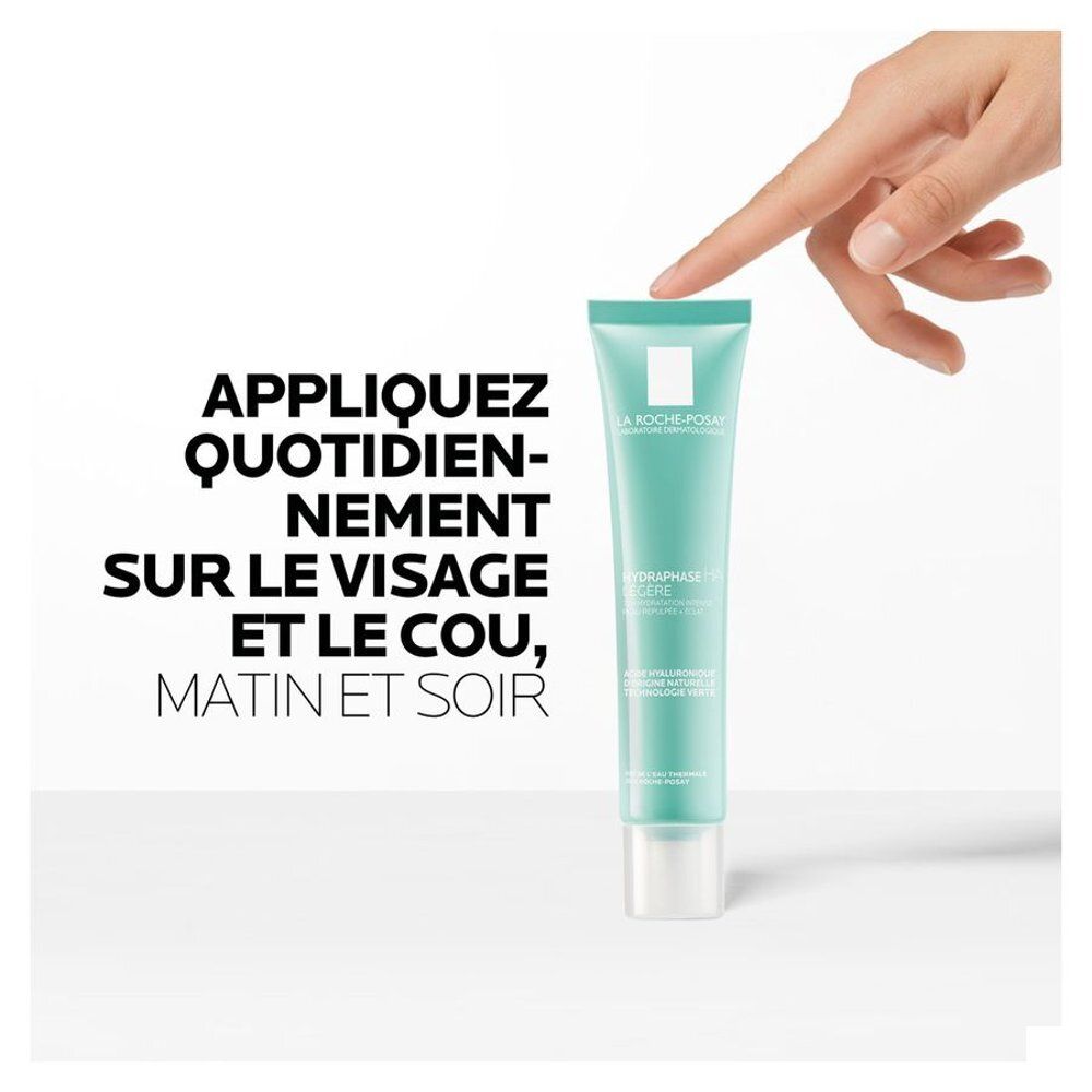 Graphique: Acide hyaluronique et eau thermale. Texte: Hydrate, apaise, renforce.
