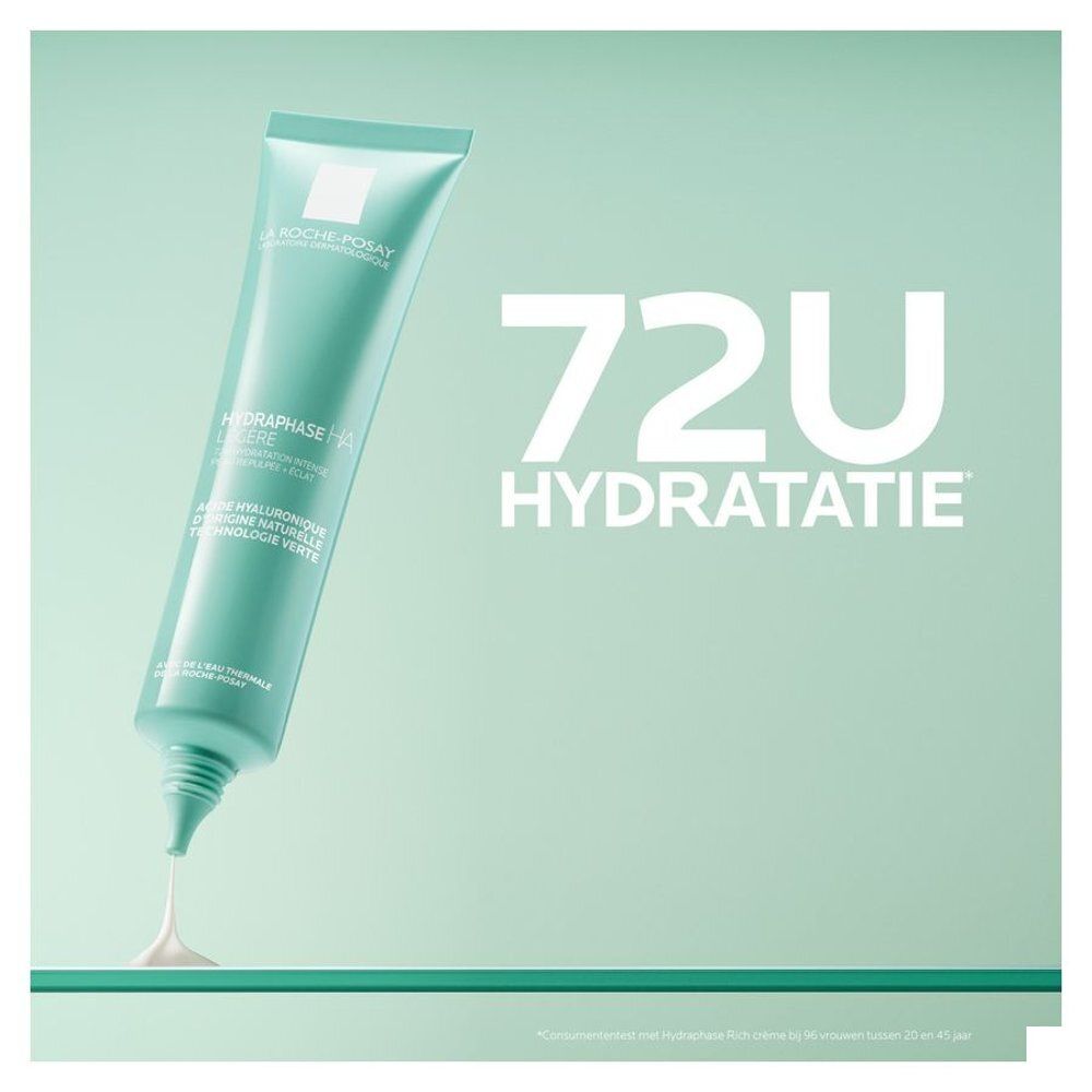Turquoise tube. Opschrift: La Roche-Posay, Hydraphase HA Légère. Tekst: 72U hydratatie.