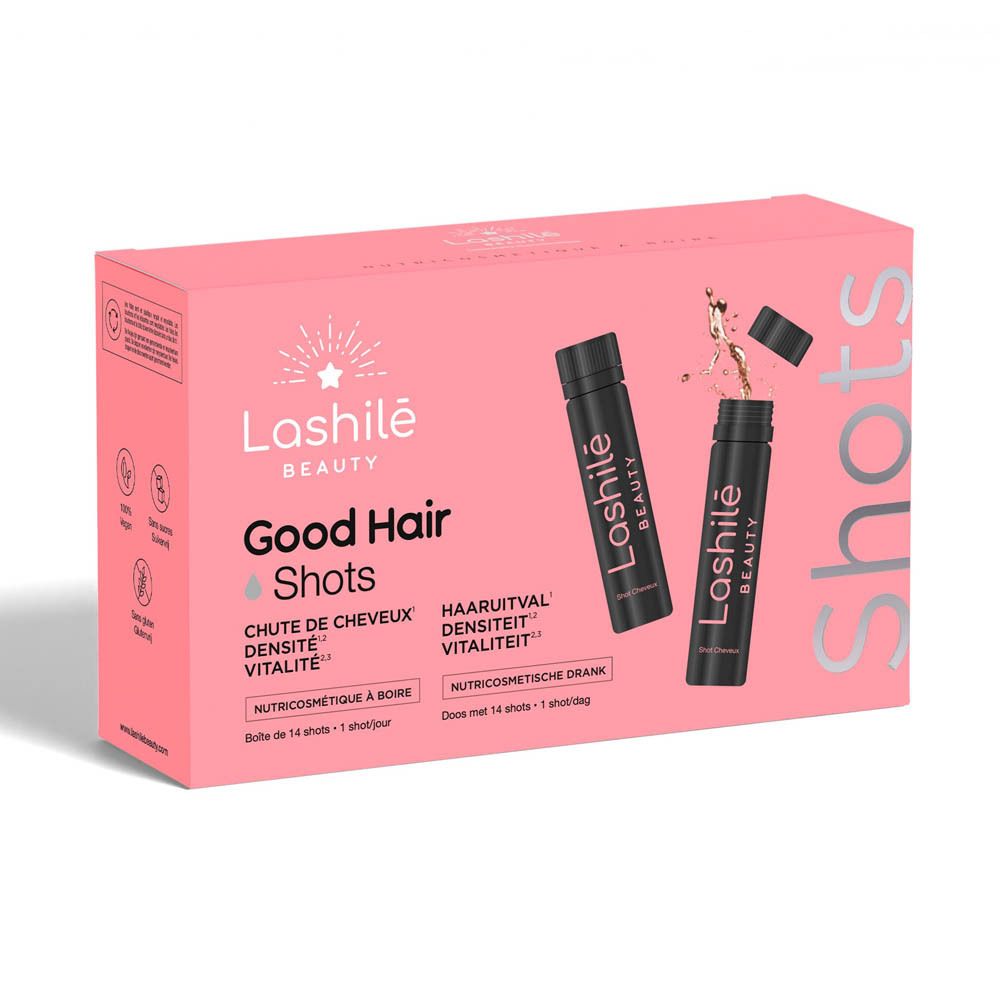 Roze doos met Lashilé Beauty Good Hair Shots. Bevat shots en tekst in meerdere talen.