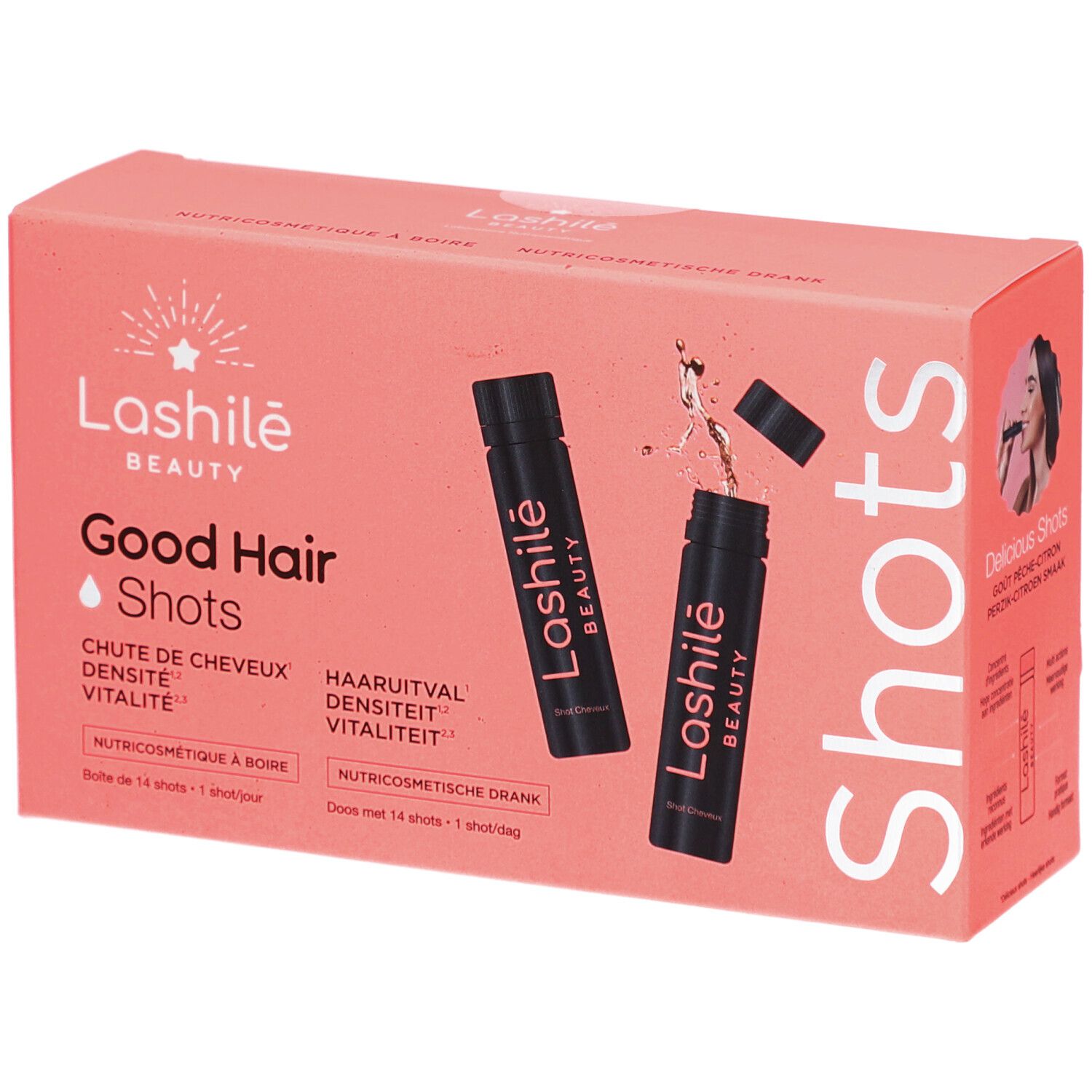 Roze doos met Lashilé Beauty Good Hair Shots. Bevat shots en tekst in meerdere talen.