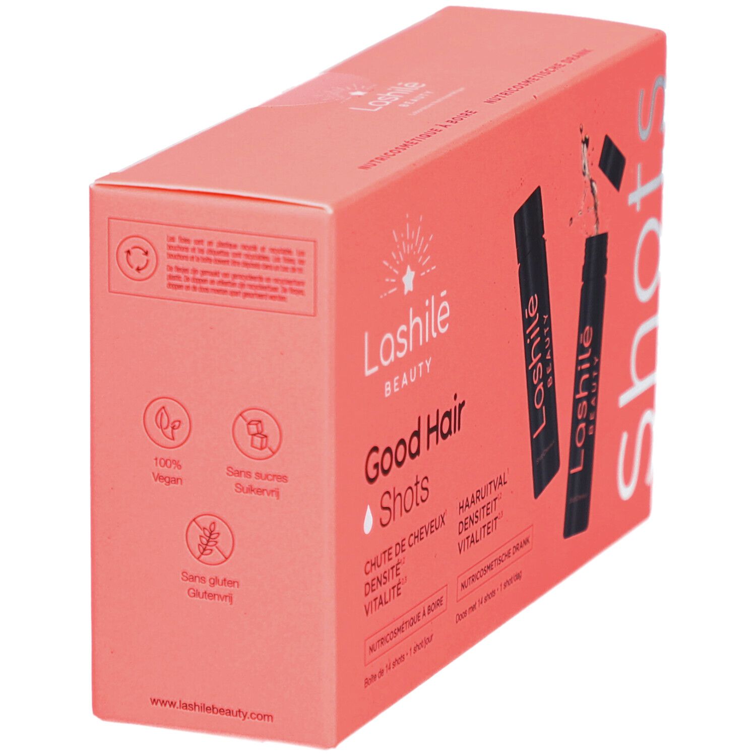 Roze doos met Lashilé Beauty Good Hair Shots. Bevat logo's en tekst in meerdere talen.